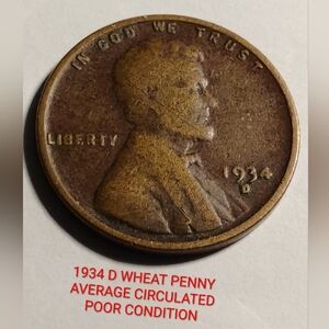 1934 D Wheat Penny Average Circulated POOR CONDITION